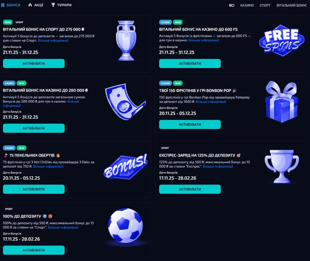 Бонусные программы Allwin UA казино